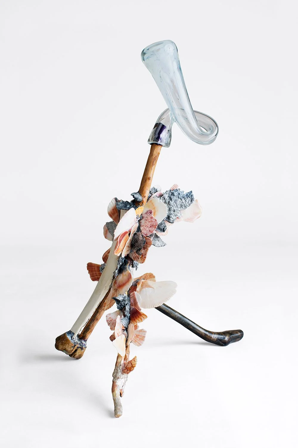 Avian 2023 H15 × 7 1/2 x 11 inches Stained, found tree branches, hand blown glass, casted aluminum, seashells, animal bones, fossils, and epoxy resin.
