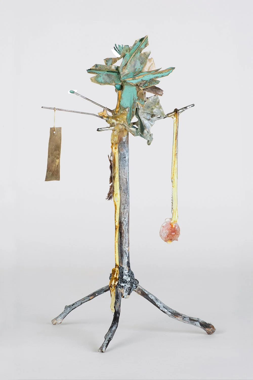 Clover 2022 H11 1/2 x 8 x 6 inch metallic oil paint on found tree branches, verdigris, polyester resin coated steel chain, alloys of silver and copper, seashells, crab shells, polyester resin coated origami, and brass.