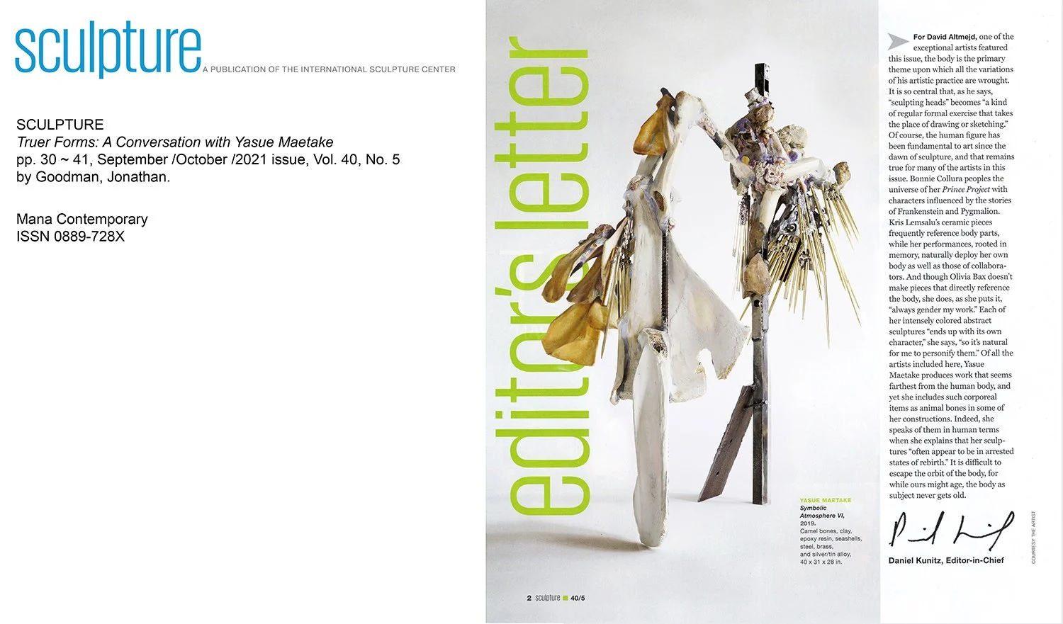 “Truer Forms: A Conversation with Yasue Maetake”  
Interview by Jonathan Goodman  
SCULPTURE Magazine, Vol. 40 No. 5, pp. 30–41  
September/October 2021