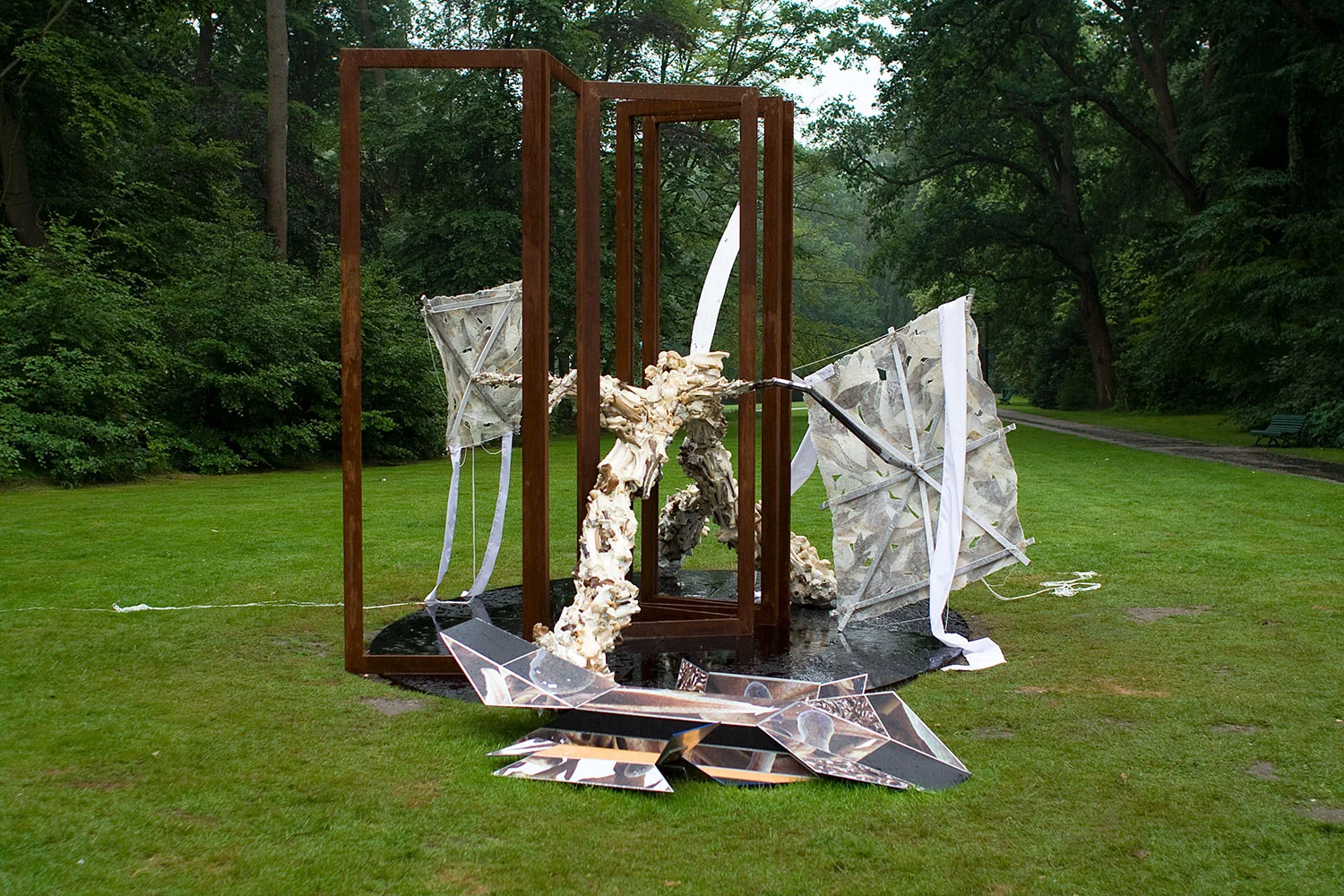 Ningen Kokuho 2008 Installation view at 10th SONSBEEK, Arnhem, The Netherlands steel, stainless steel, aluminum, plexi glass, animal bones, resin mounted fish skin, fabric H132 x W228 x L144 inch.