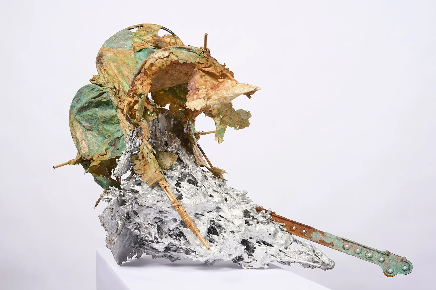 Defrosted 2023 (with Andrew Erdos) H30 x 40 x 29 inch aluminum, glass, PVA resin coated kozo-washi, verdigris, found steel, cane, and cotton