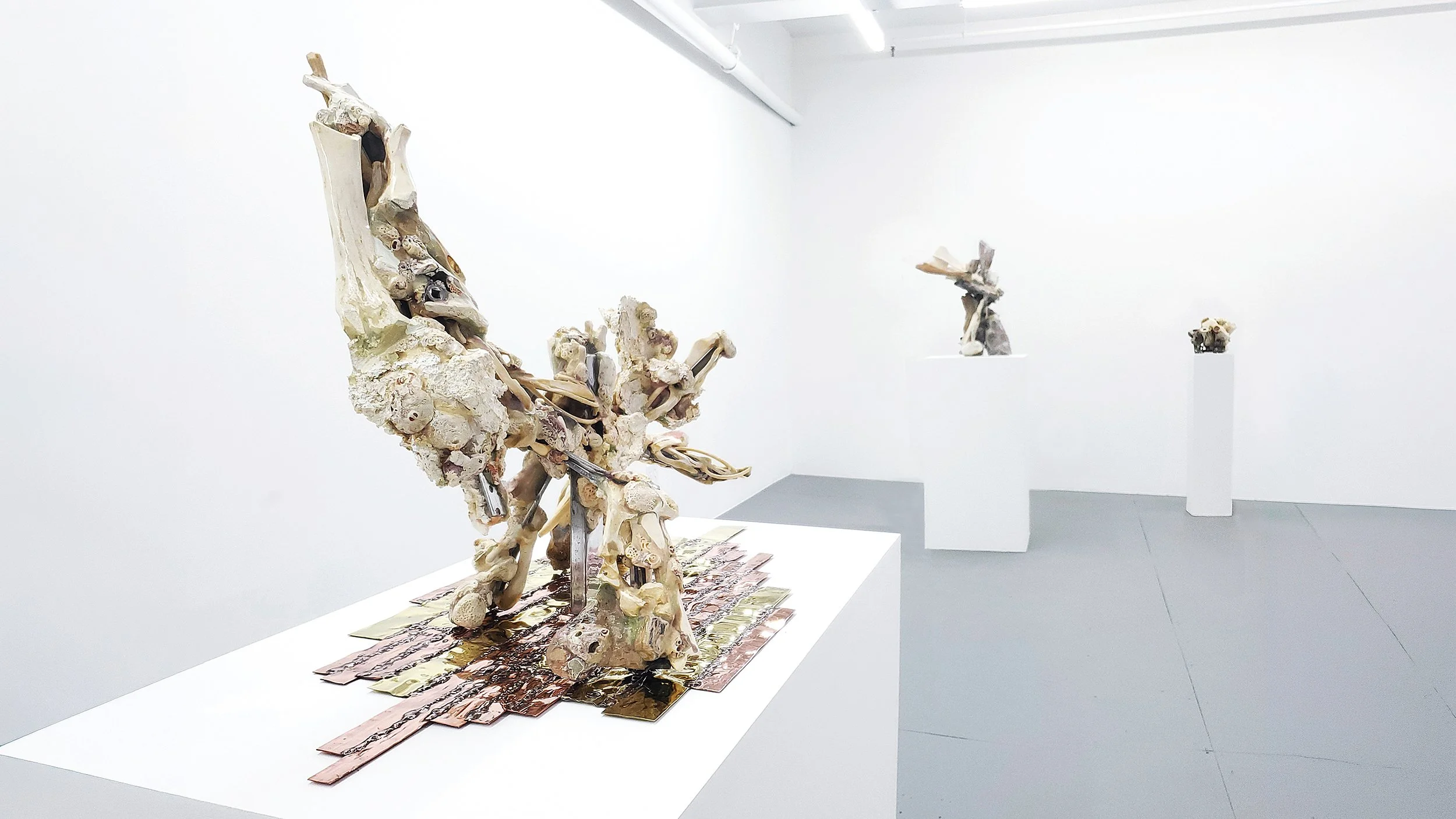 Yasue Maetake Transmutation gallery installation: non-representational sculpture of animal bones and metal on a white pedestal with copper and brass base, two other sculptures visible in the background