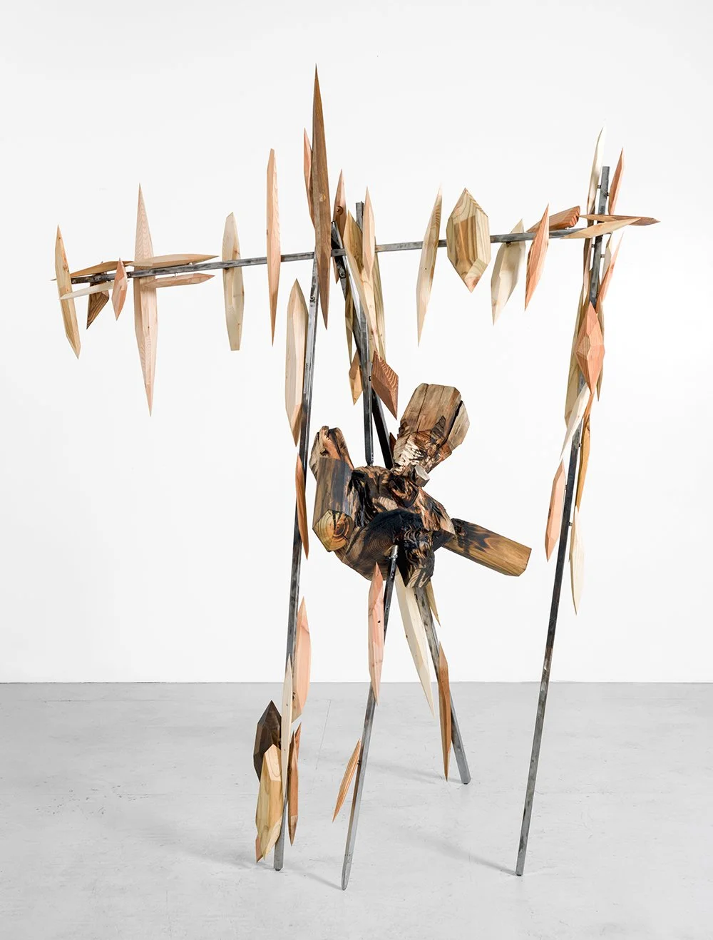  Arbor Armor  2015-2026  H81 x 72 x 42 inch (H206 x 182 x 103 cm)  Hand-shaped assorted woods, including poplar, oak, walnut, Douglas fir, cedar, and cypress; steel      