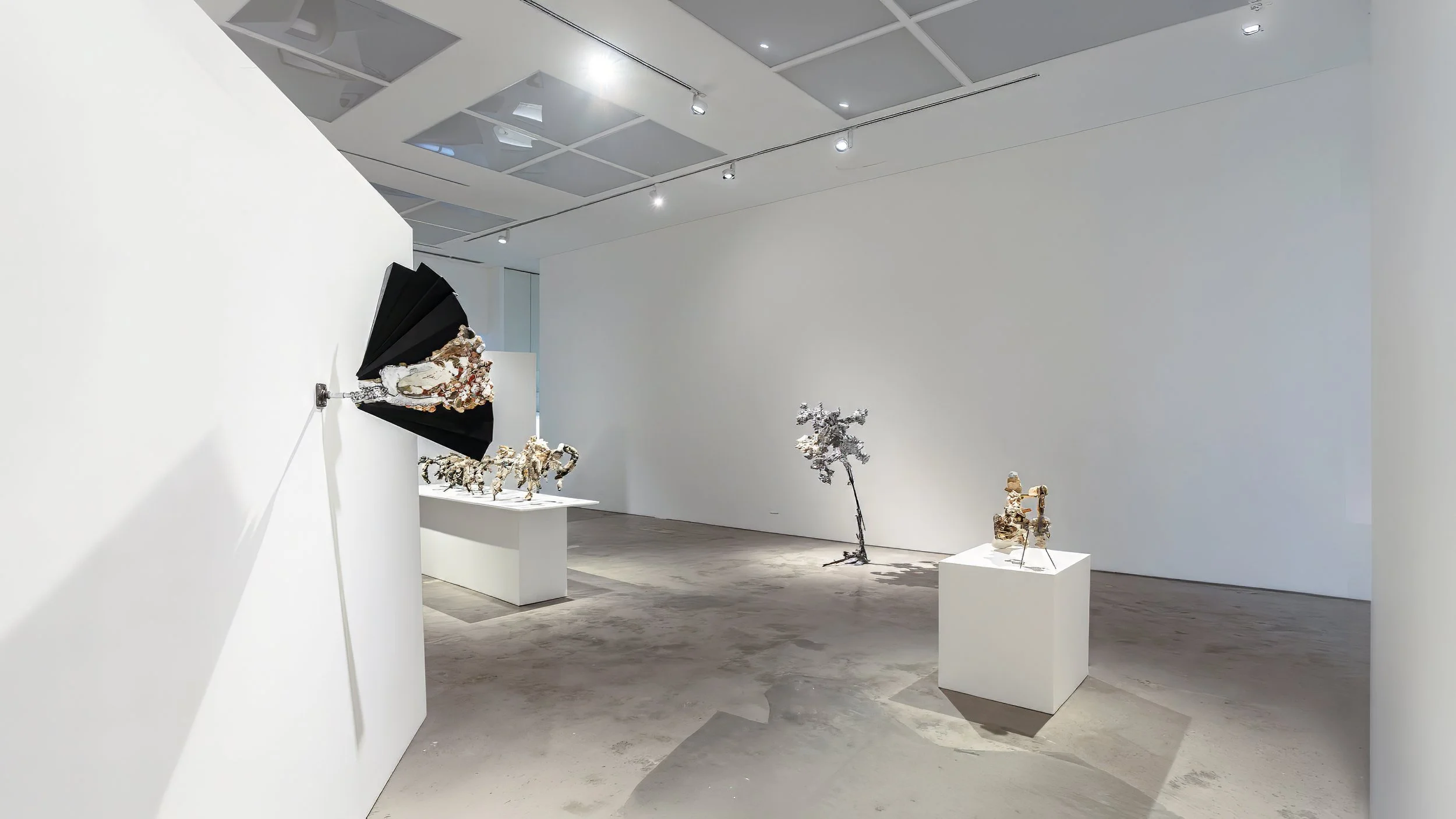 Yasue Maetake Mare Fecunditatis gallery installation: wide view of white gallery with black fan wall piece left, long pedestal of small sculptures, tall silvery standing form, and large work on white cube pedestal right