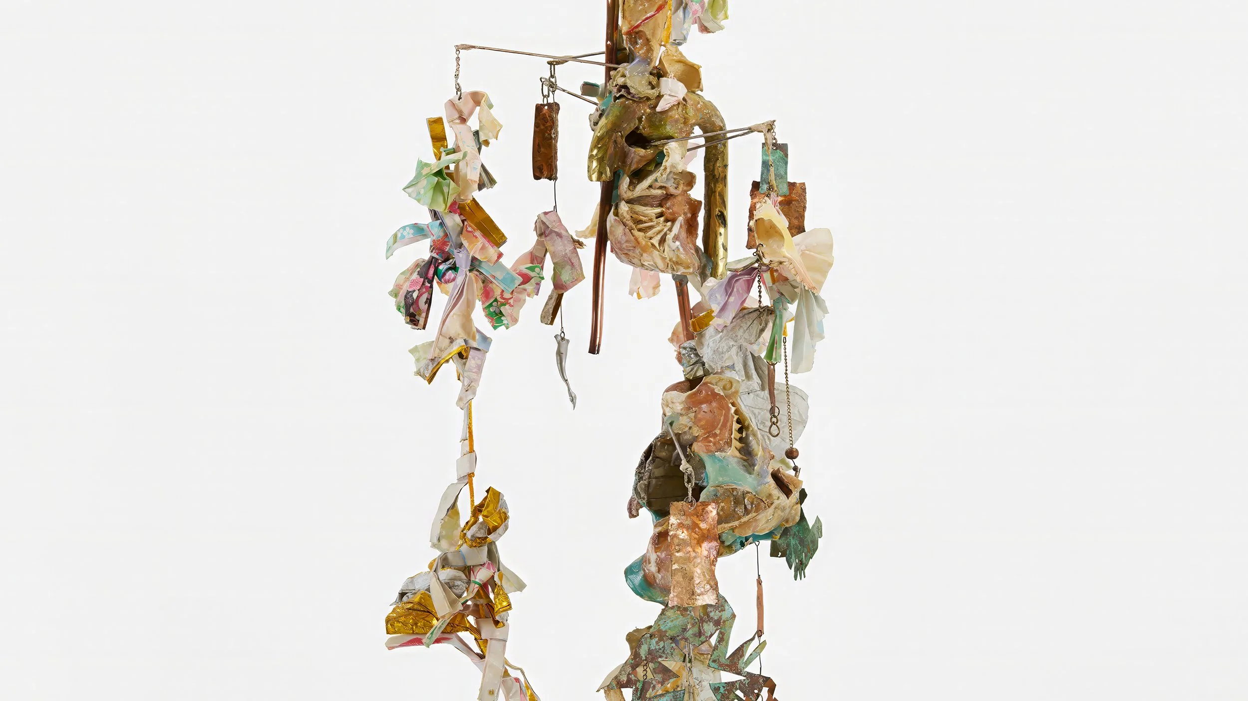 Yasue Maetake Three-Legged Idols detail: dense cascading assemblage of colorful resin soaked paper-like strips, organic crustacean forms, and small metal elements against white background