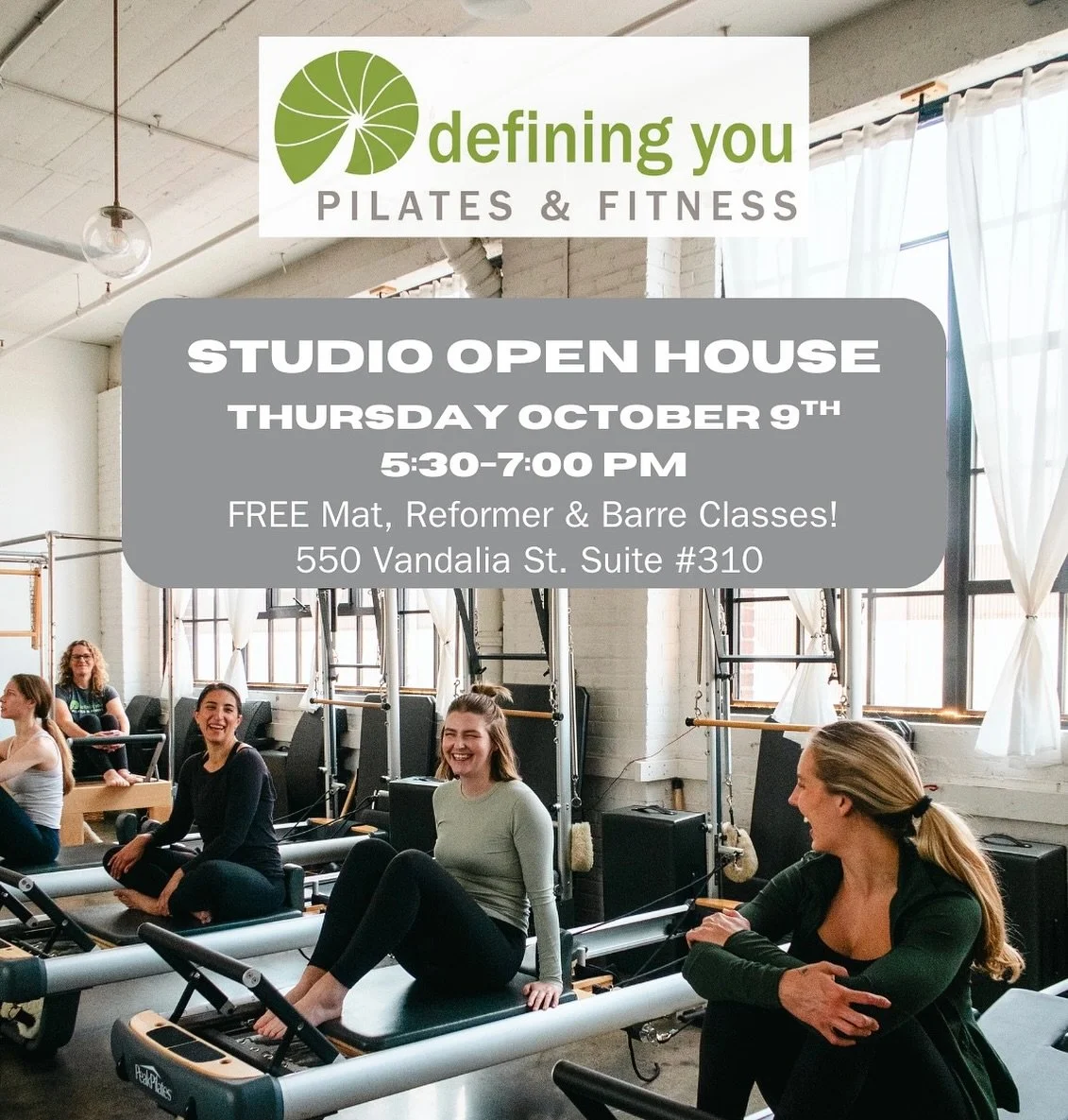 Ready to step into your Pilates era? 🤭

Join us for our Studio Open House at Vandalia Tower in Saint Paul on Wednesday, October 9th from 5:30-7:00 PM!

Try a FREE barre, mat, and reformer class, tour the studio, and connect with our community. 

Spo