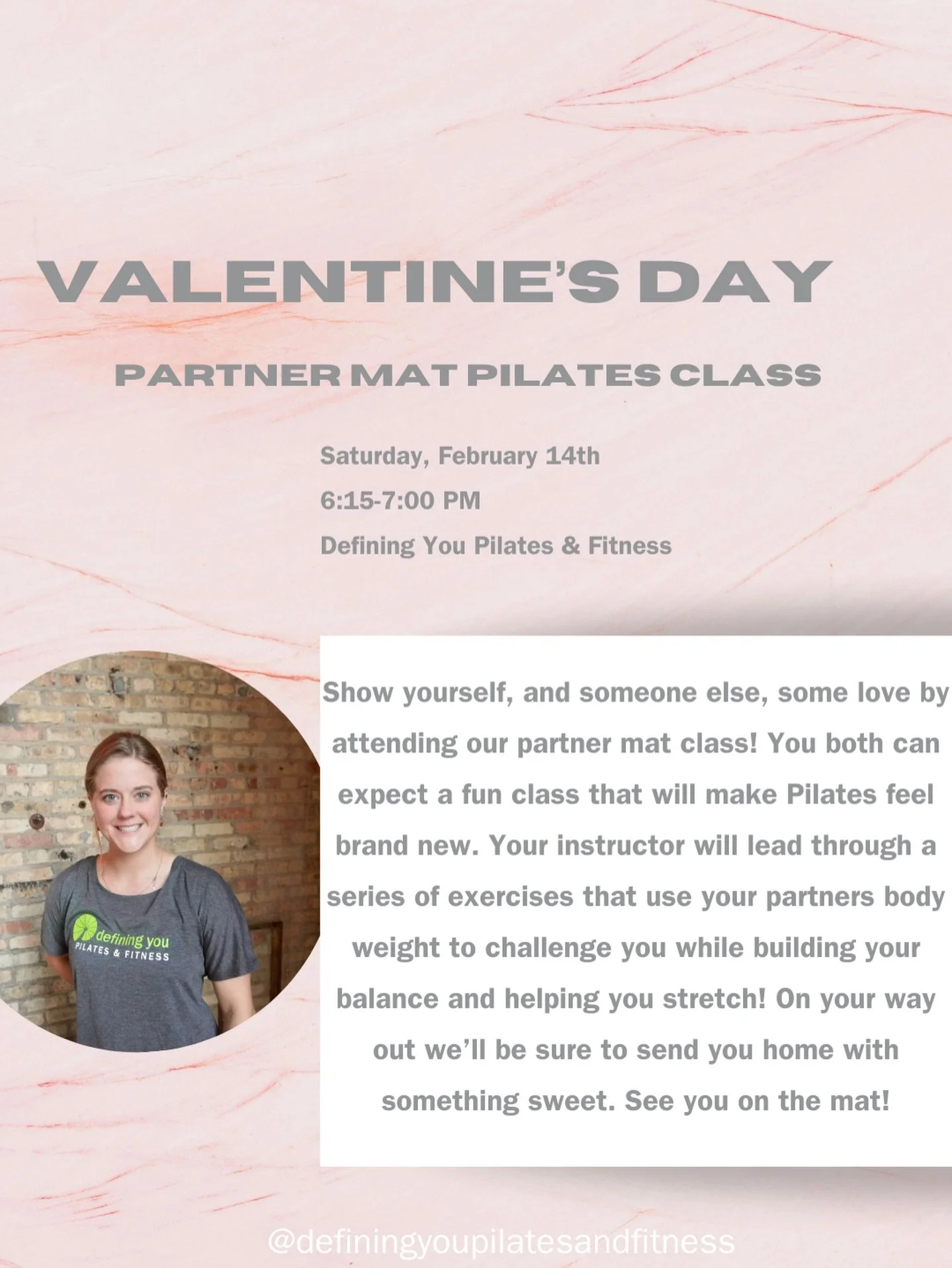 Show yourself and someone you care for some love this Valentine&rsquo;s Day 💕

Join Paige for our Partner Mat Pilates where you can expect a fun class that will make Pilates feel brand new! 

And bonus&hellip; you&rsquo;ll leave with something sweet