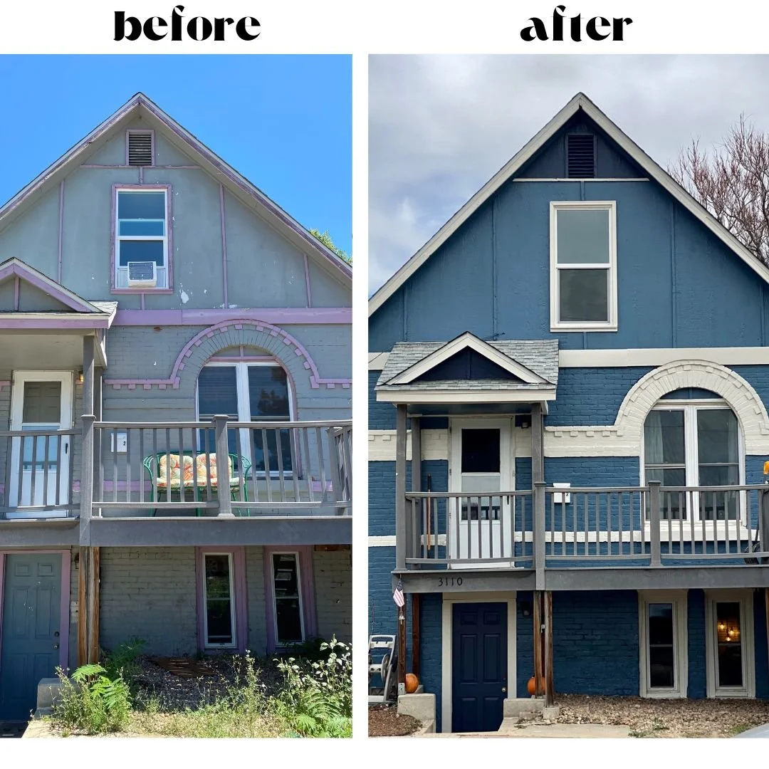 Side-by-side comparison of a house before and after renovation. The house on the left has a faded green exterior with pink trim, while the house on the right has a fresh blue exterior with white trim. Both images highlight the front of the house, inc