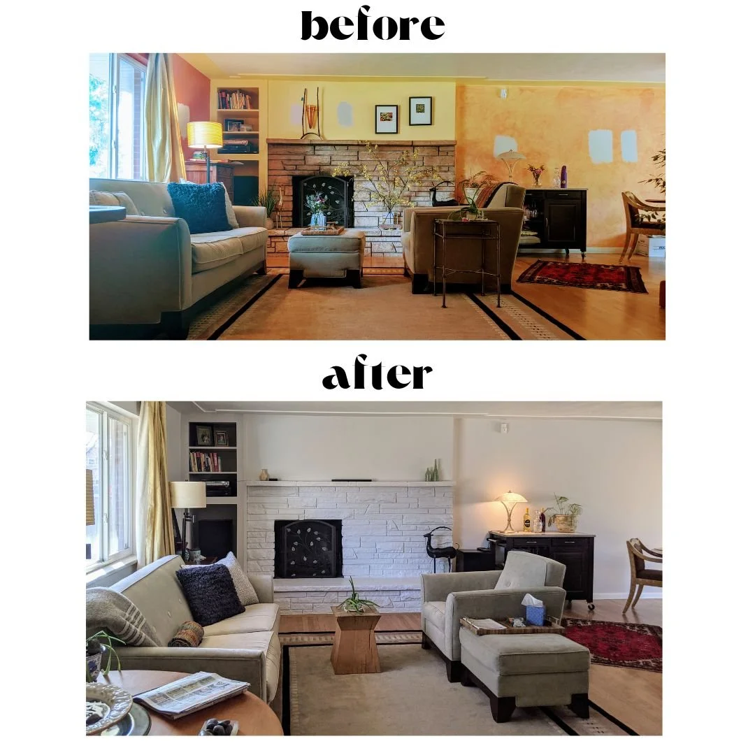 A living room before and after renovation, featuring a brick fireplace, couch, and decor. The before image has warm walls and a cluttered appearance, while the after image has white walls and a simplified, modern decor.