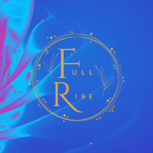 Grafik mit goldenem Schriftzug 'Full Rise' in einem goldenen Kreis auf blauem Hintergrund mit abstrakten blauen und rosa Linien und Blätter.