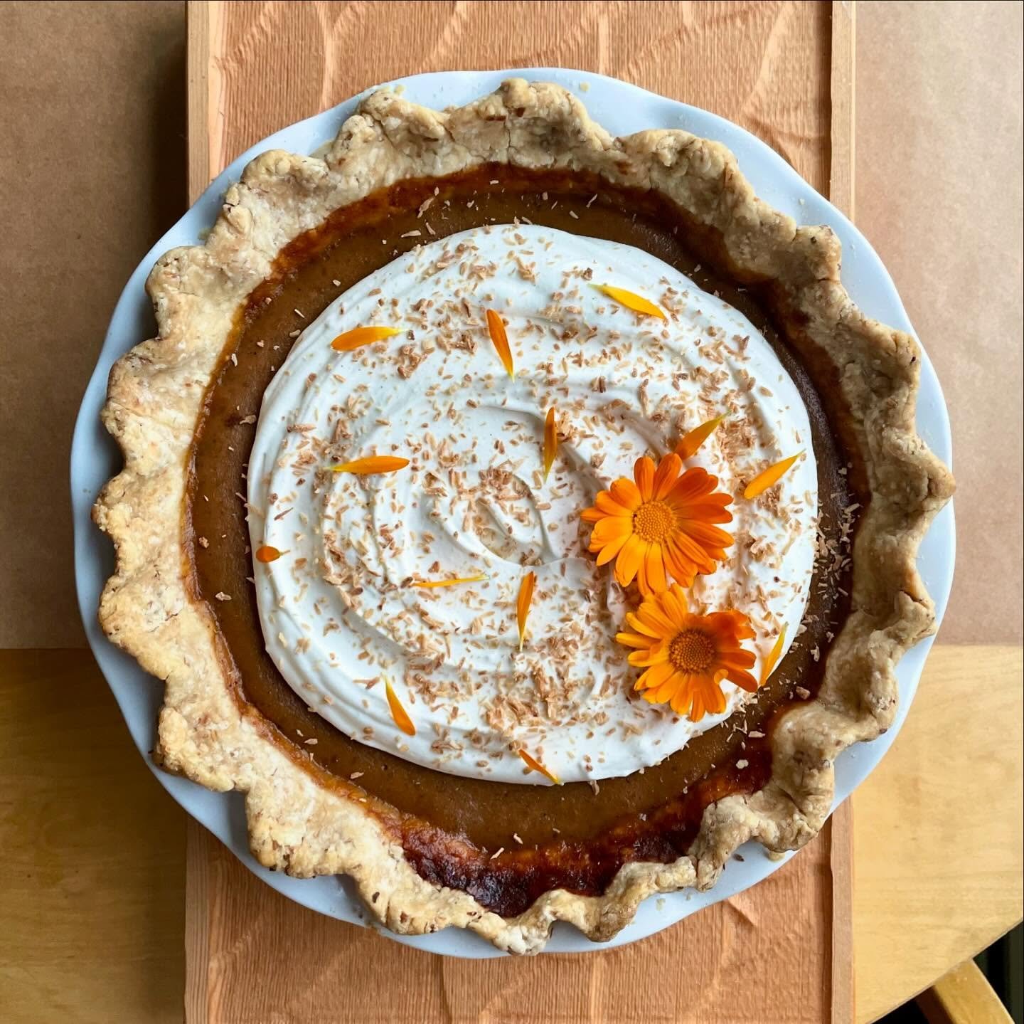 Friendsgiving season!

 Thai tea pumpkin pie &mdash; infused evaporated milk with the tea, subbed in some coconut milk; added flaked coconut to the crust; topped with coconut whipped cream and toasted coconut 🥥 😼🥧🍂