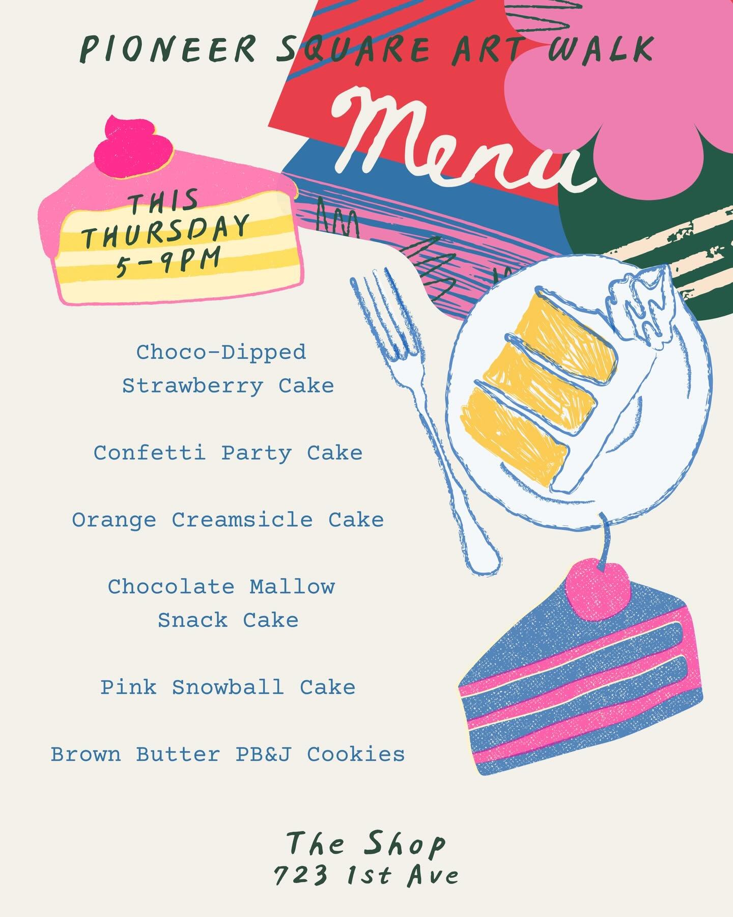 Join me for the Pioneer Square Art Walk at tomorrow from 5-9PM! See you at The Shop with a few fun cakes and these brown butter peanut butter and jelly cookies 🥜 🍇 Come for a treat or two, stay for a variety of art from local creators &mdash; check