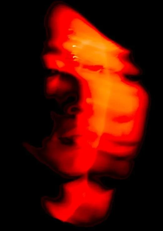 Abstract digital art with red and orange streaks resembling a human face on a black background.