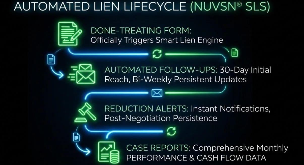 Flowchart detailing the automated lien lifecycle process, including steps such as the done-treating form triggering a smart lien engine, automated follow-ups with bi-weekly updates, reduction alerts with instant notifications, and monthly case reports with performance and cash flow data.