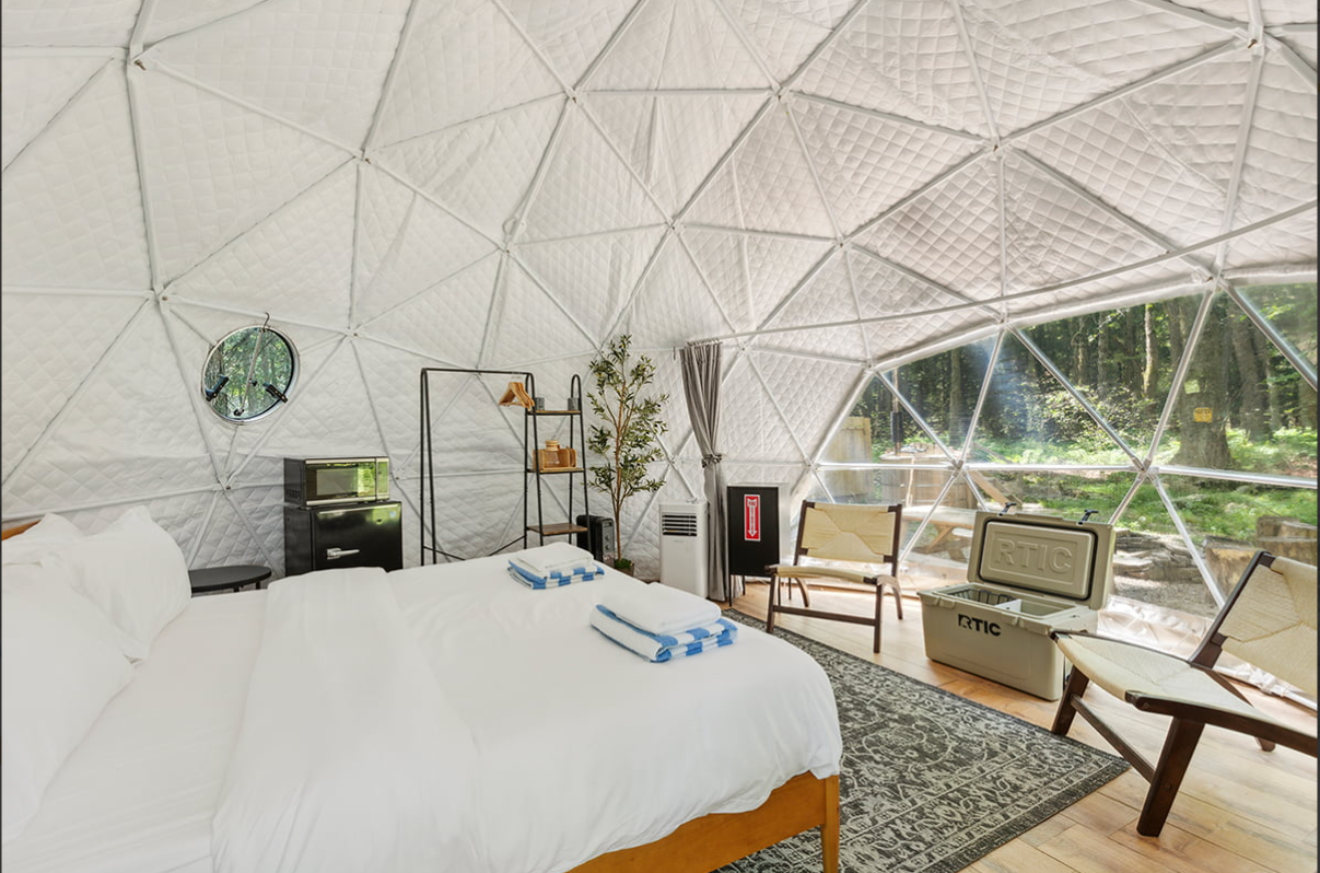 Interior of a geodesic dome bedroom with a large bed, folded towels, a small fridge, a microwave, a tall plant, seating area, and large windows showing a forest outside.
