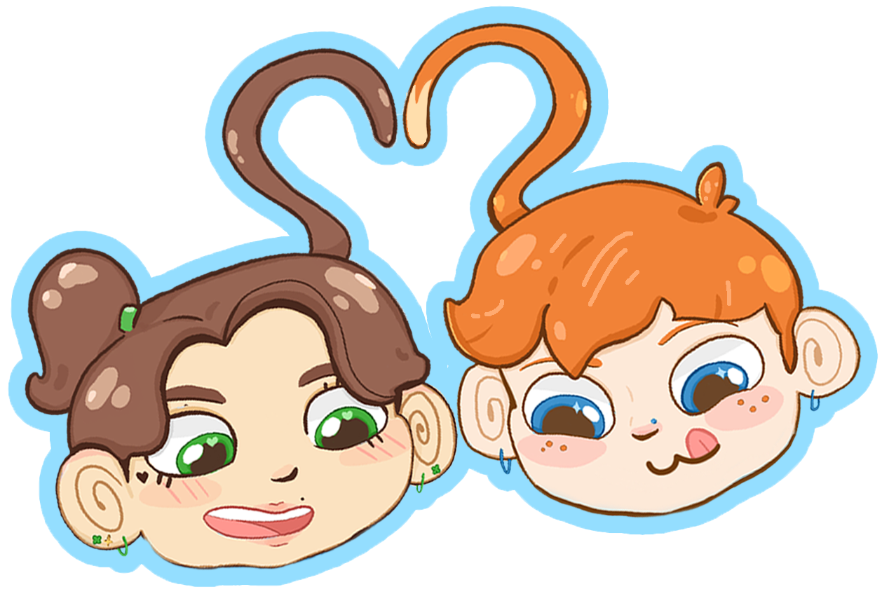 Cartoon illustration of two monkey heads with their tails linked to form a heart shape. The left one has brown hair with green eyes, the other has ginger hair with blue eyes.