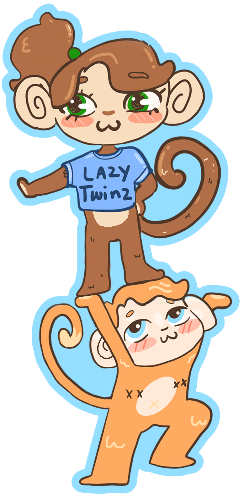 Cartoon illustration of two monkeys, one standing on the other's shoulders. The top monkey is wearing a blue "Lazy Twinz" T-shirt. The bottom monkey is orange with a white belly and large blue eyes. Both monkeys are blushing and smiling.