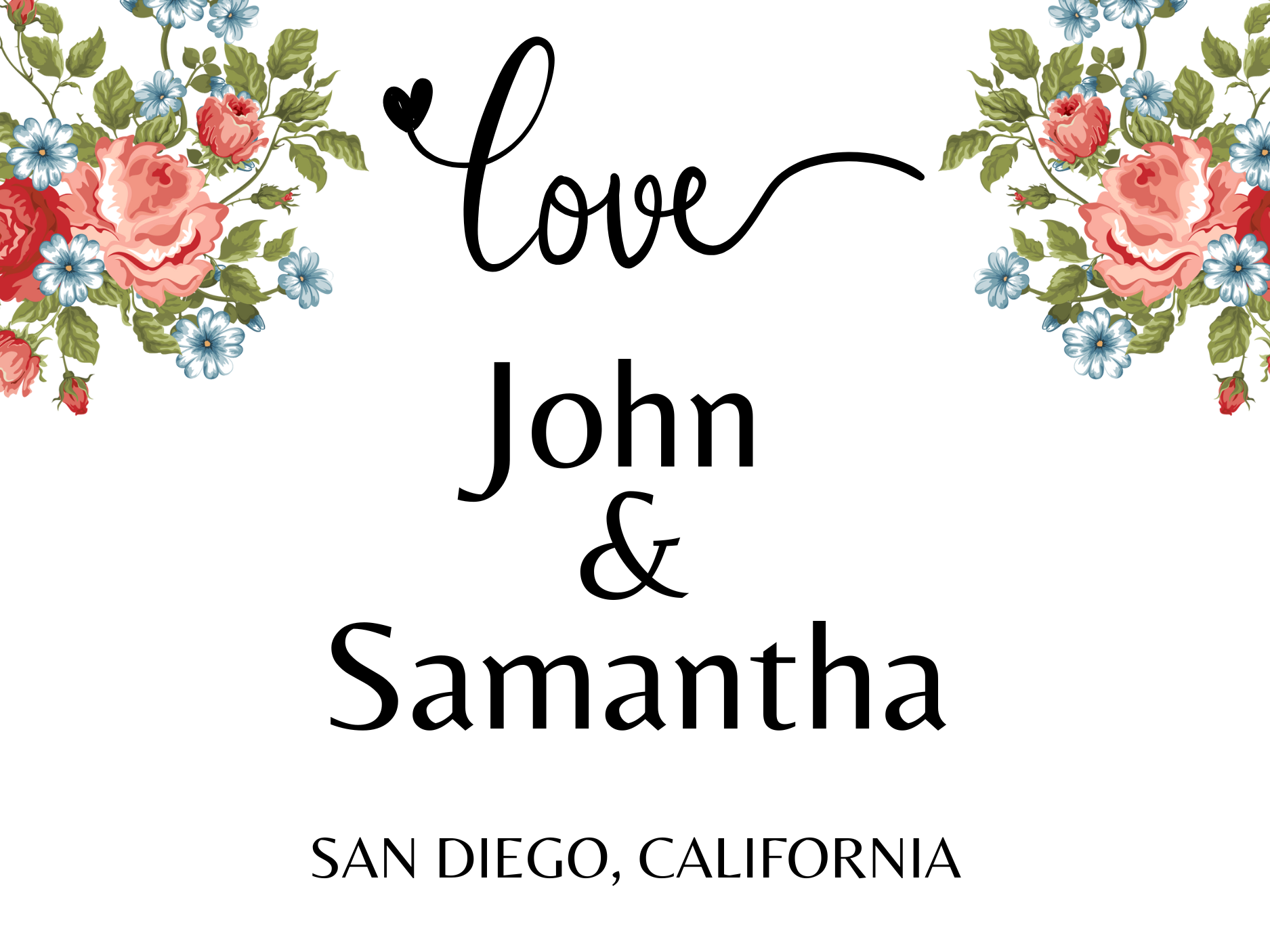 A decorative sign with floral borders of pink, red, and blue flowers, displaying the names John and Samantha with the word love written in cursive at the top, and 'San Diego, California' at the bottom.