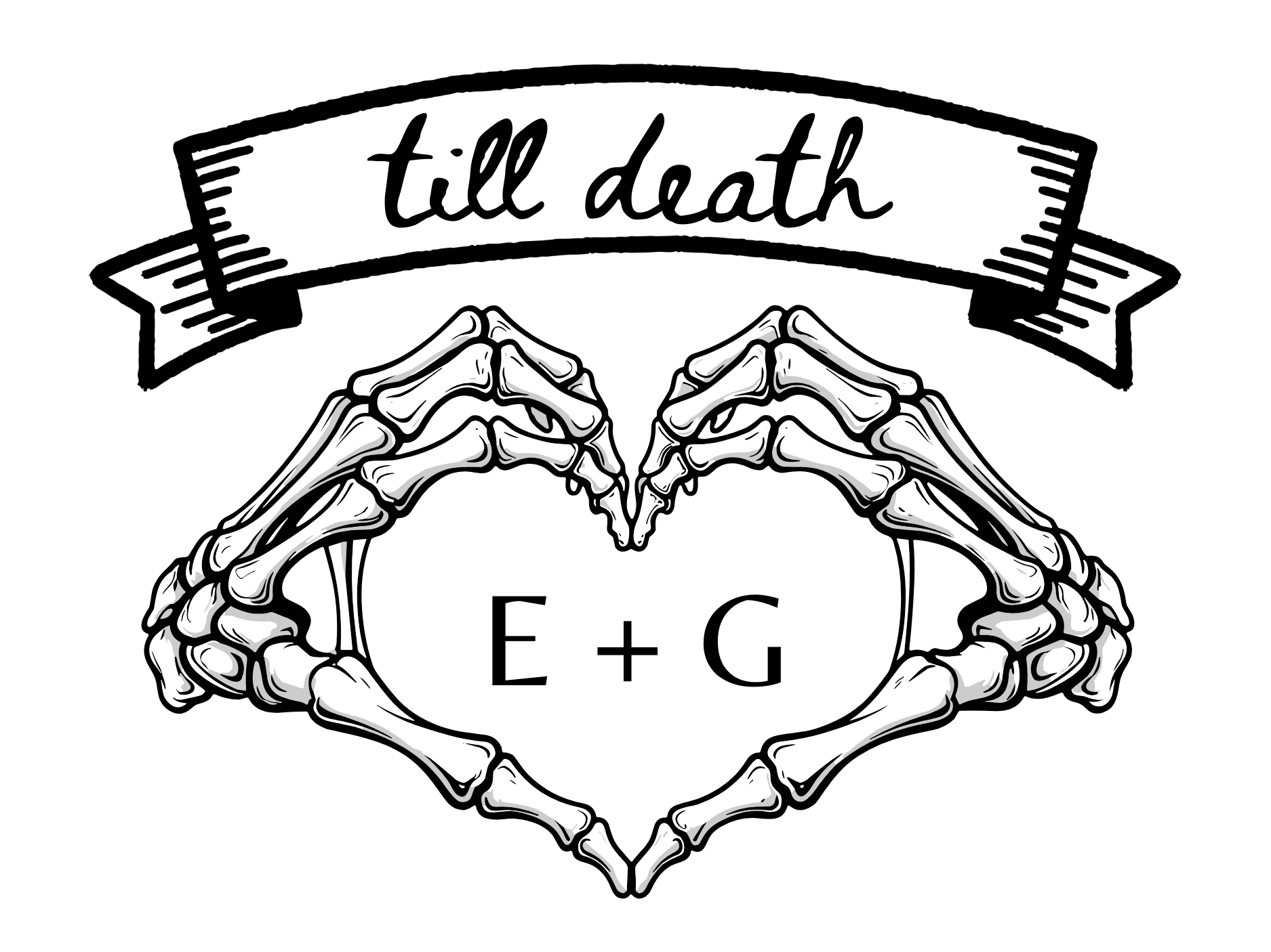 Black and white illustration of two skeletal hands forming a heart shape around the letters 'E + G' with a banner above reading 'till death'.