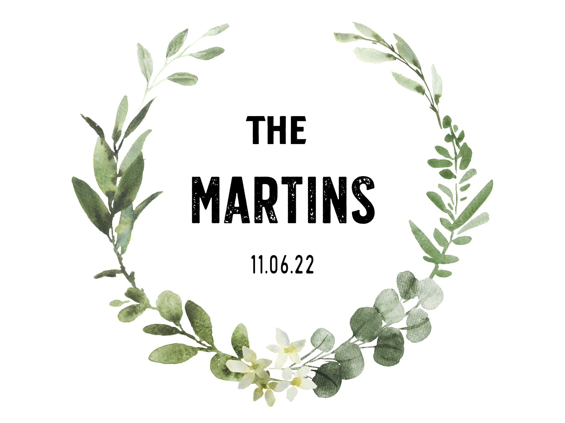 Watercolor illustration of a green laurel wreath surrounding the text "The Martins" with the date "11.06.22" in the center.