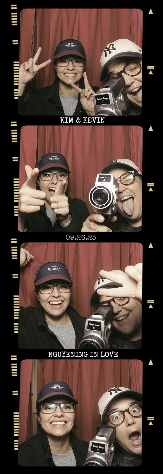 Four photos of two women taking playful camera selfies in front of a red curtain: in the first photo, both are smiling, with one giving a peace sign and the other winking. In the second, they point at the camera with big smiles, one sticking out her tongue. In the third, they pose happily with one making a peace sign near her eye and the other holding the camera. In the fourth, one woman smiles broadly, and the other looks surprised with wide eyes, holding the camera up near her face. Text reading 'KIM & KEVIN,' the date '09.26.25,' and 'NGUYEN IN LOVE' decorates the image.