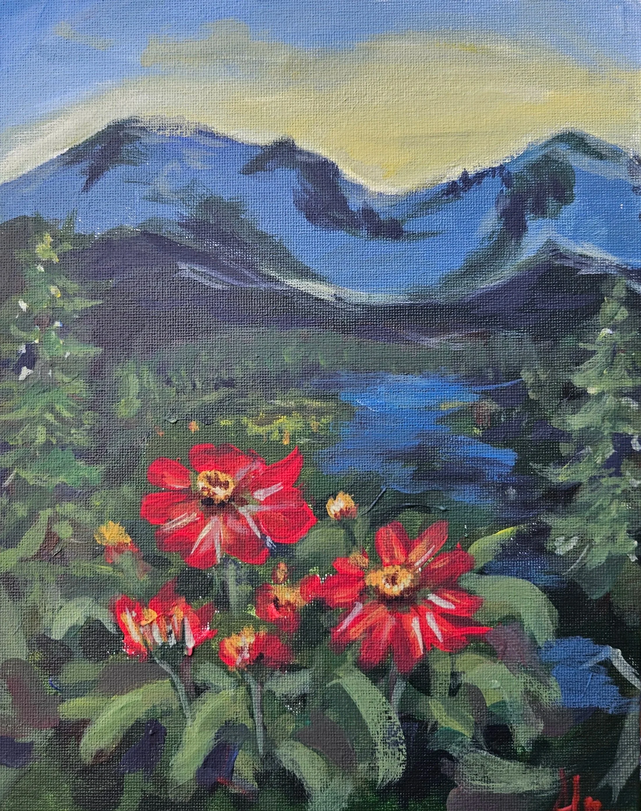 Mountain Sunset and Zinnias
