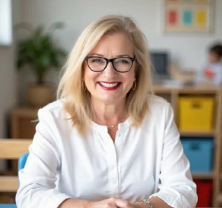Smiling middle-aged woman with blonde hair, glasses, wearing a white blouse, seated at a desk with colorful storage bins in the background.