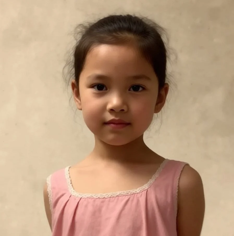 Young girl with dark hair tied back, wearing a pink sleeveless top with lace trim, standing against a beige wall.