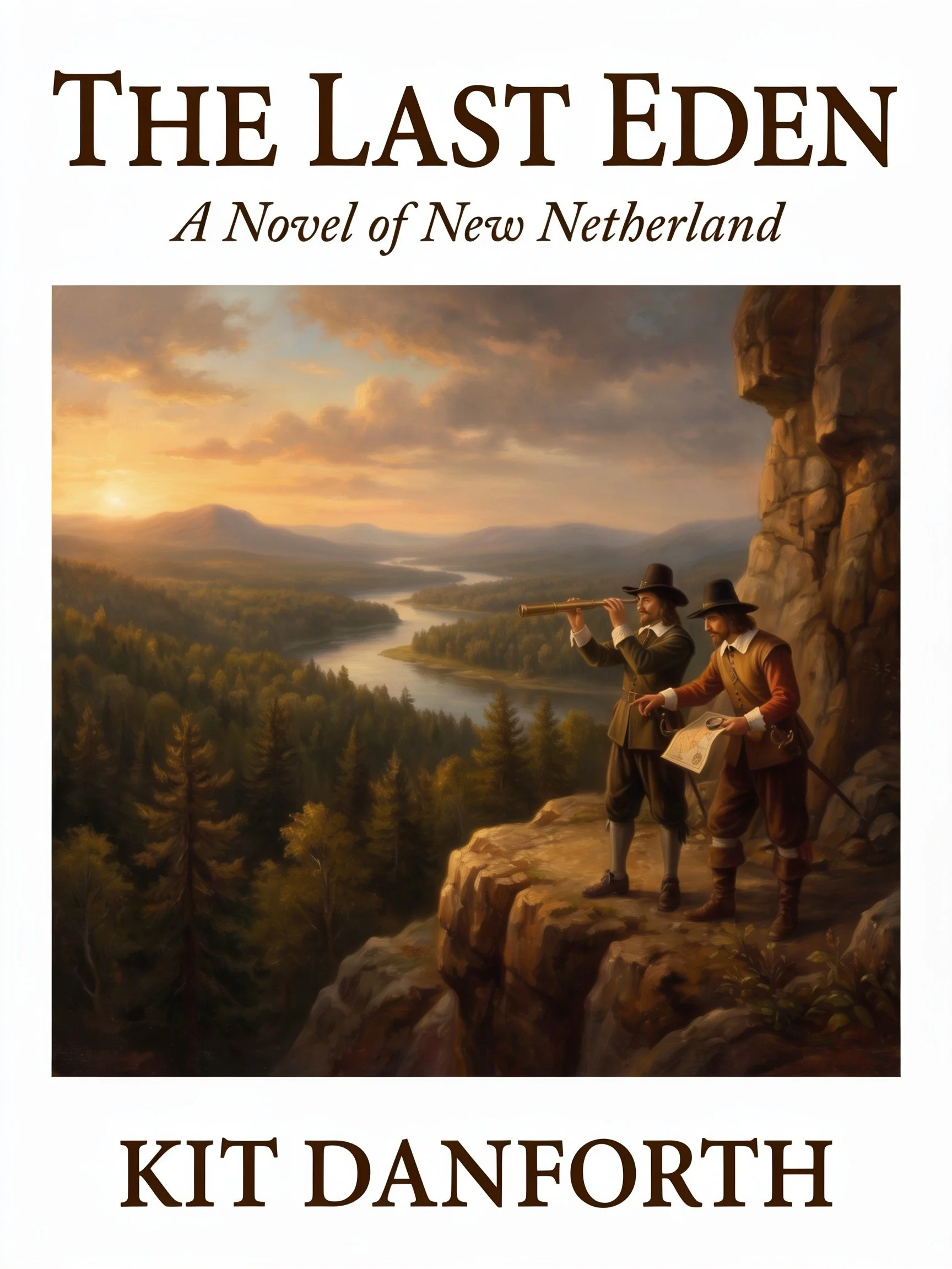Book cover for 'The Last Eden: A Novel of New Netherland' by Kit Danforth, featuring a landscape with a river, mountains, and two men dressed in 17th-century clothing standing on a rocky cliff.