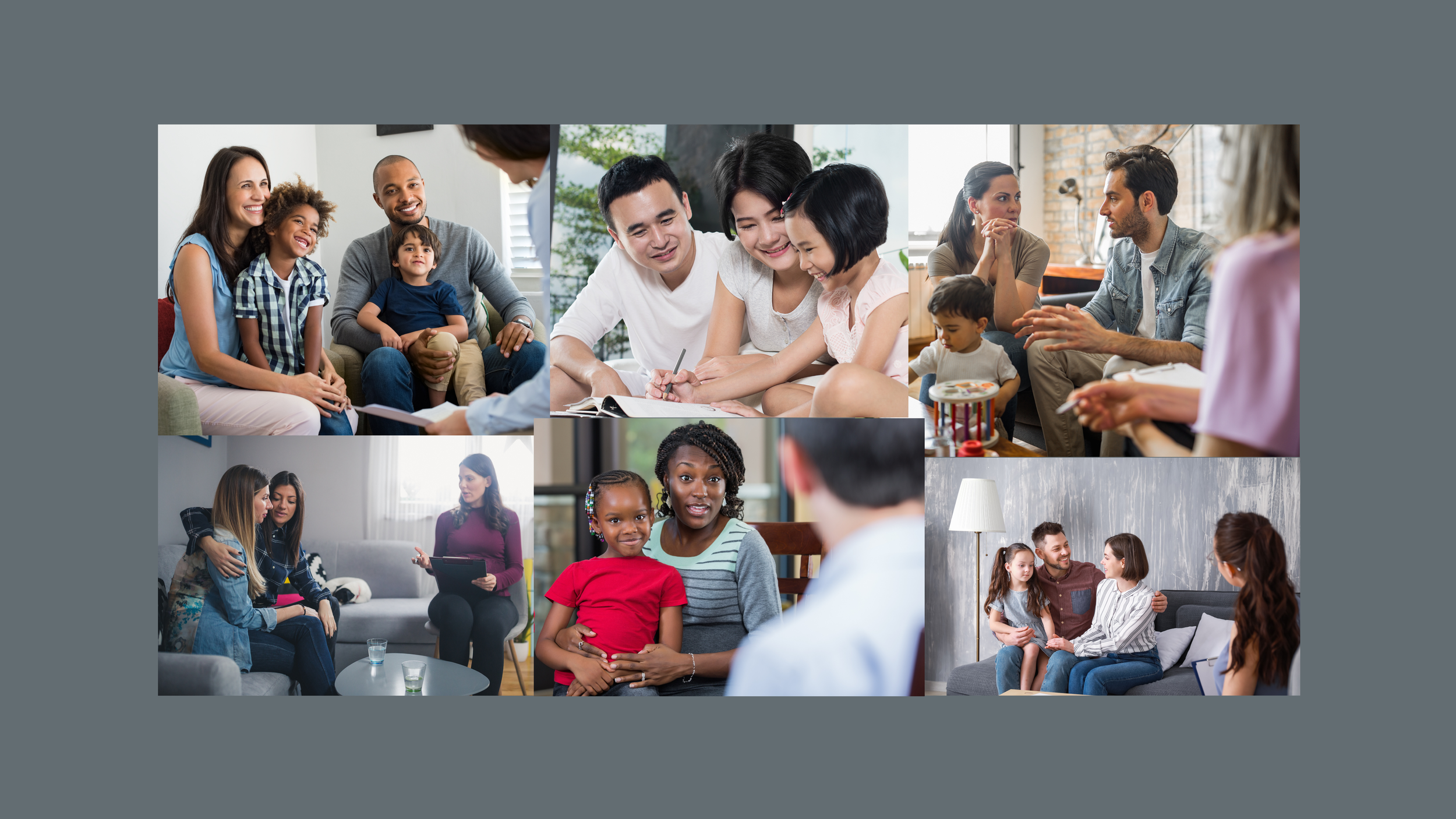 A family of three sitting on a couch during a counseling session with a therapist. The mother and father are smiling, with the young daughter sitting between them.