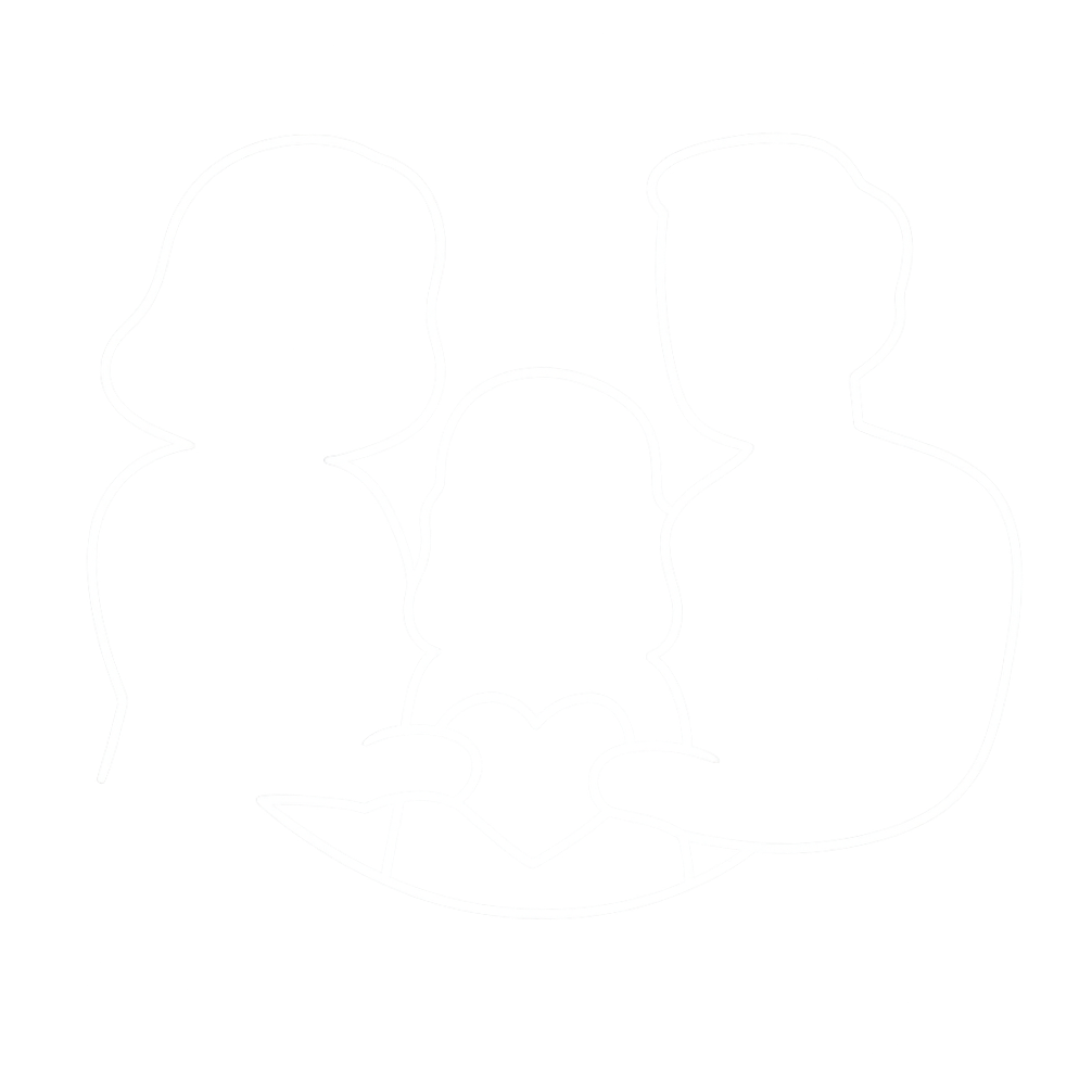 Silhouette of a family holding a heart, with two adults and one child, white outlines on black background.