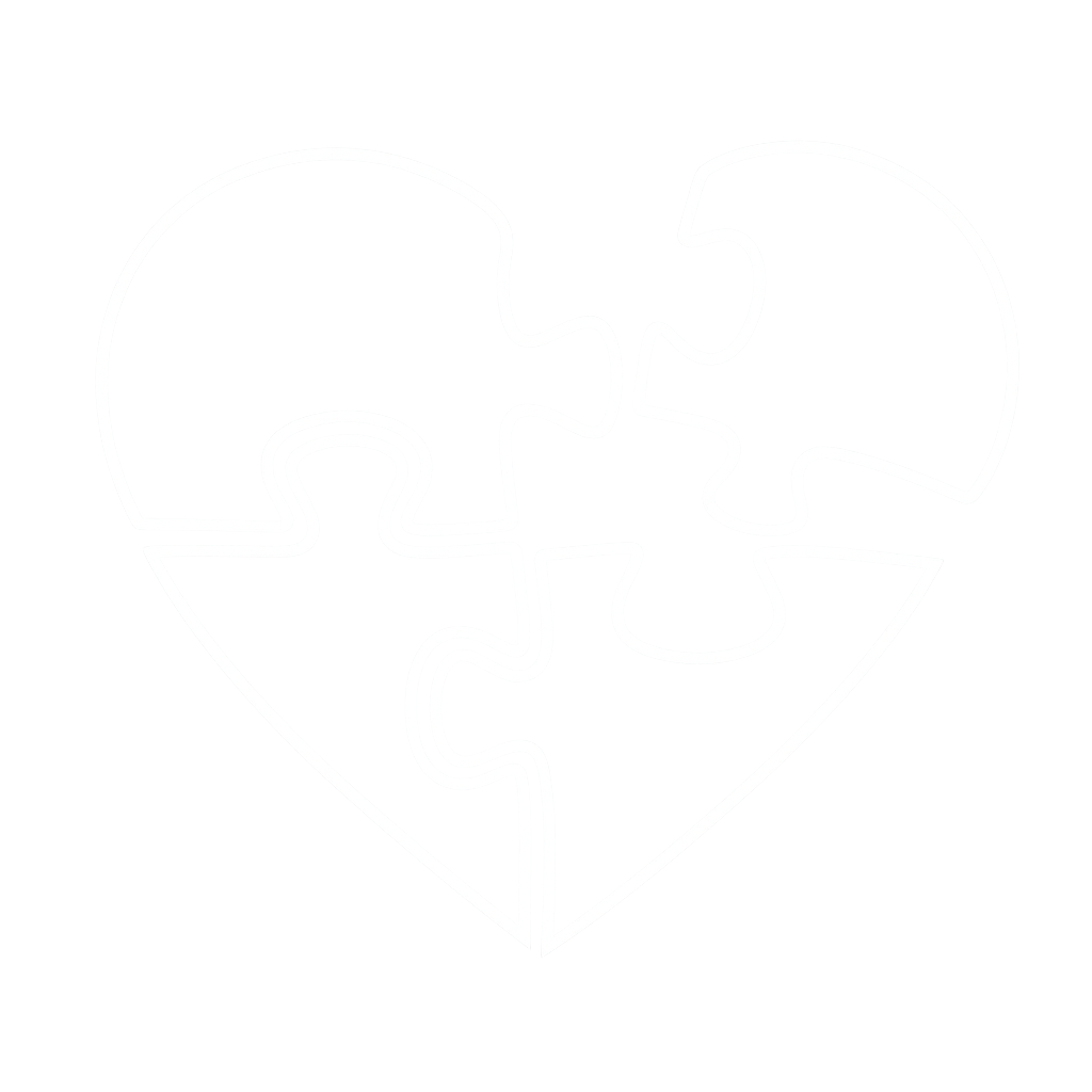 Outline of a broken heart-shaped jigsaw puzzle with four pieces, on a black background.
