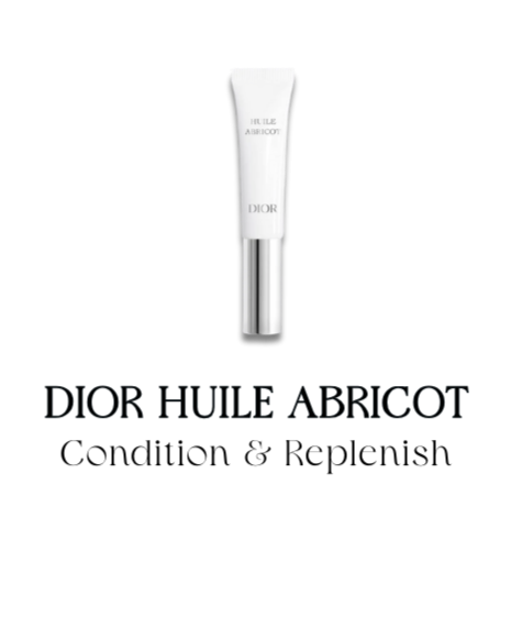 Dior Huile Abricot cosmetic product tube with black background and text.