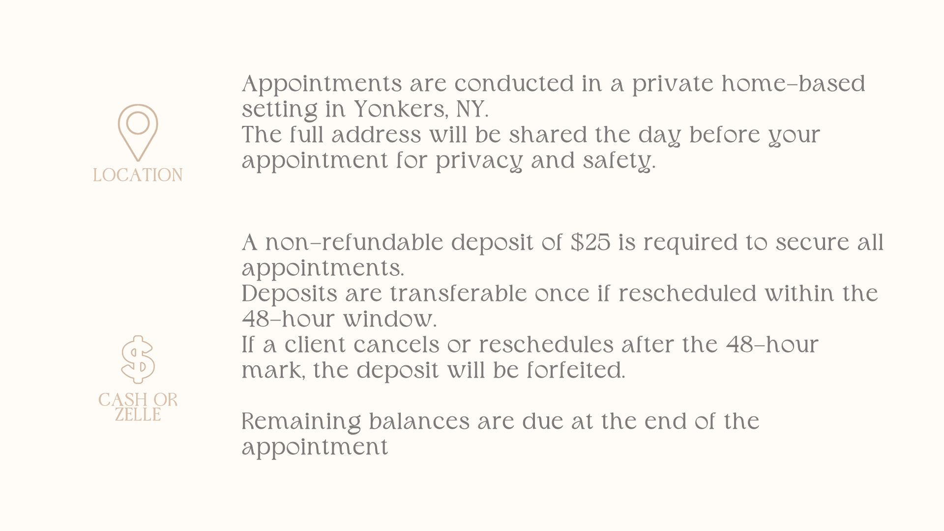 Text explaining appointment policies with location icon and dollar sign icons on the left side.