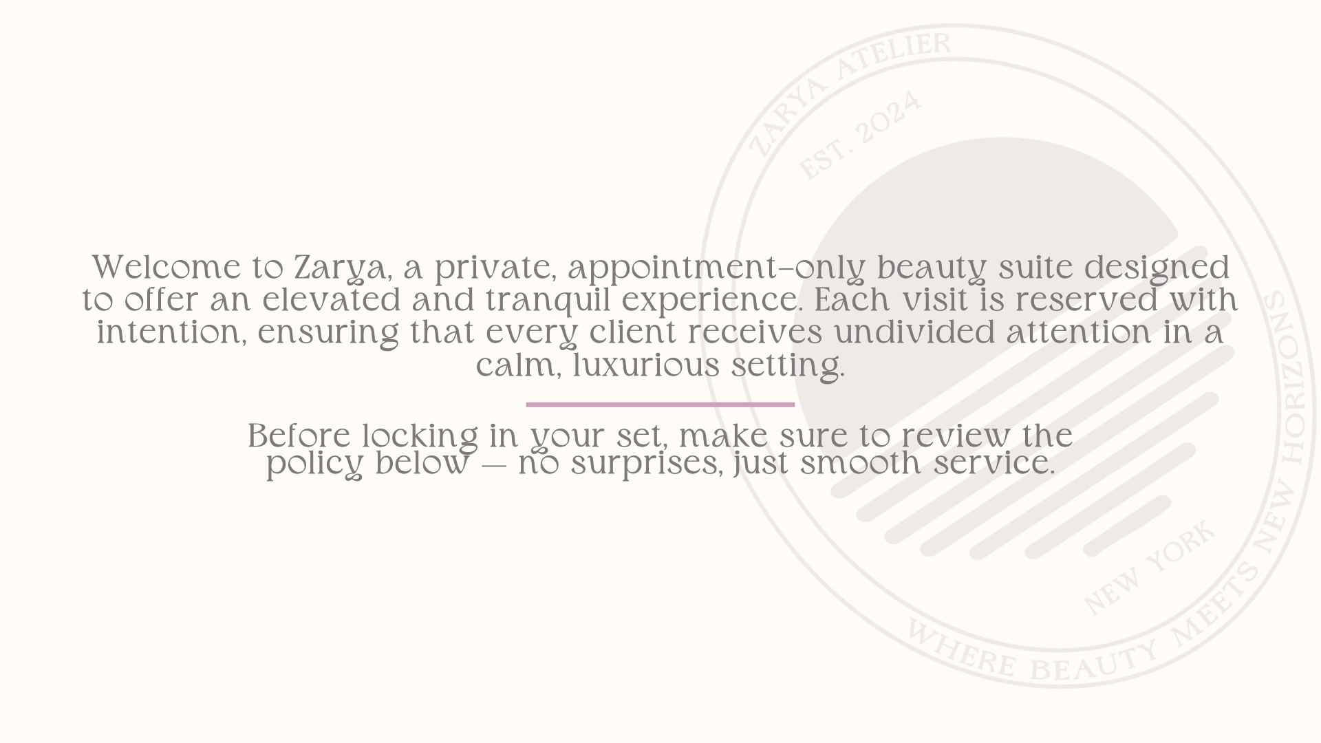 Welcome message from Zarya, a private beauty salon, emphasizing luxury, personalized attention, and smooth service policies.