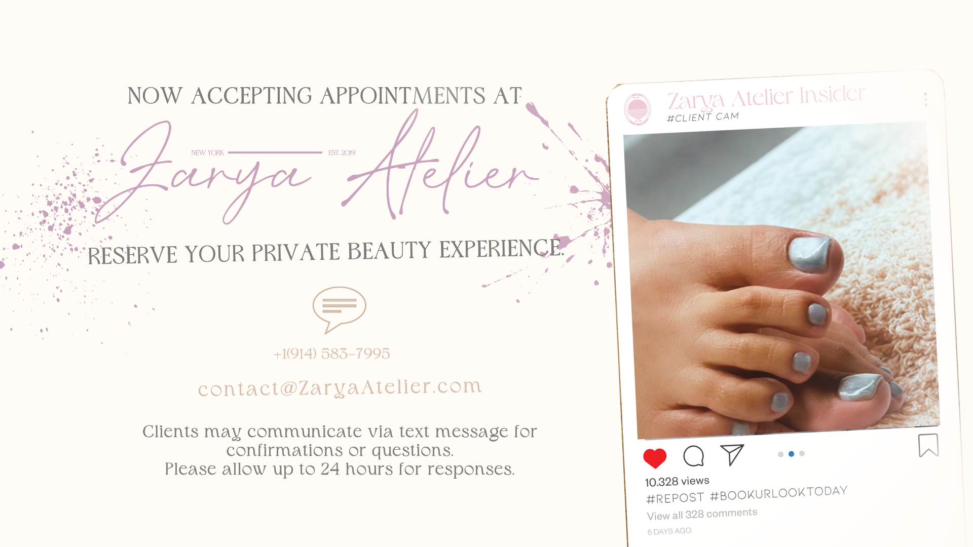 Beauty salon advertisement offering appointment bookings at Zarya Atelier, featuring a contact number, email, and a social media post showcasing a hand with metallic silver nail polish.