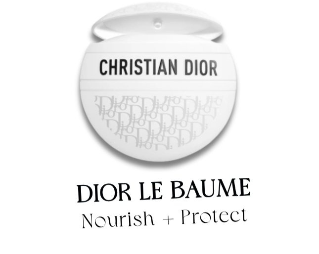 A white, spherical makeup compact with the text 'Christian Dior' on the top lid. The bottom part features a pattern of the initials 'D' and 'J'.