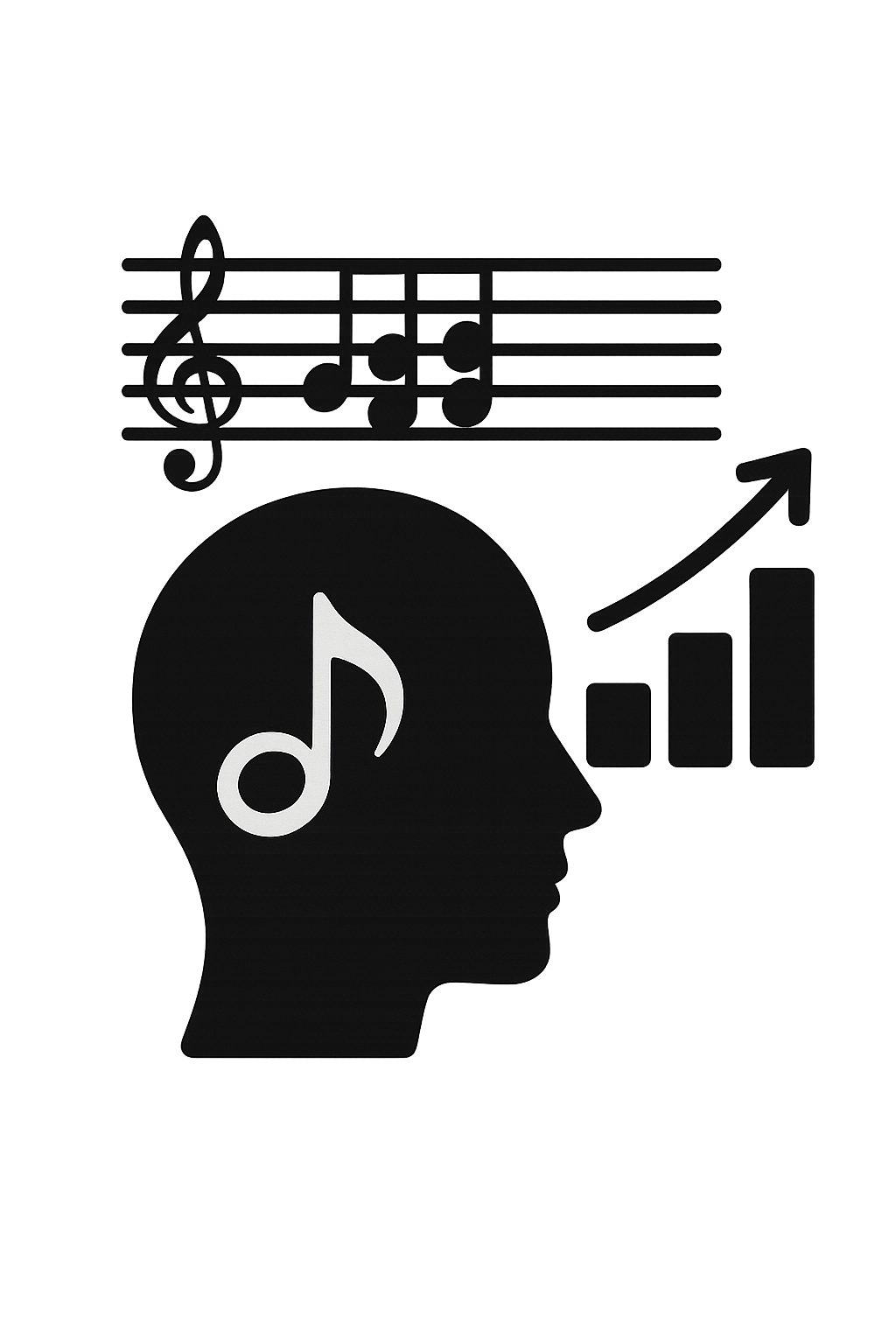 Silhouette of a human head with a musical note inside, with musical staff and notes above, and a bar chart with an upward arrow to the right.