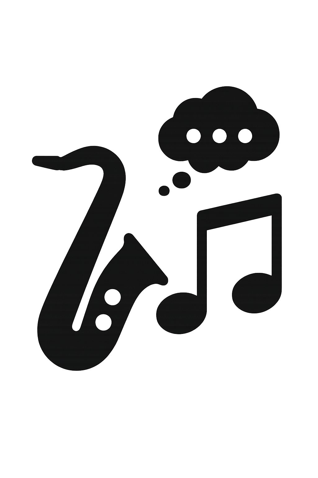 Silhouette of a guitar, a musical note, and a speech bubble with dots.