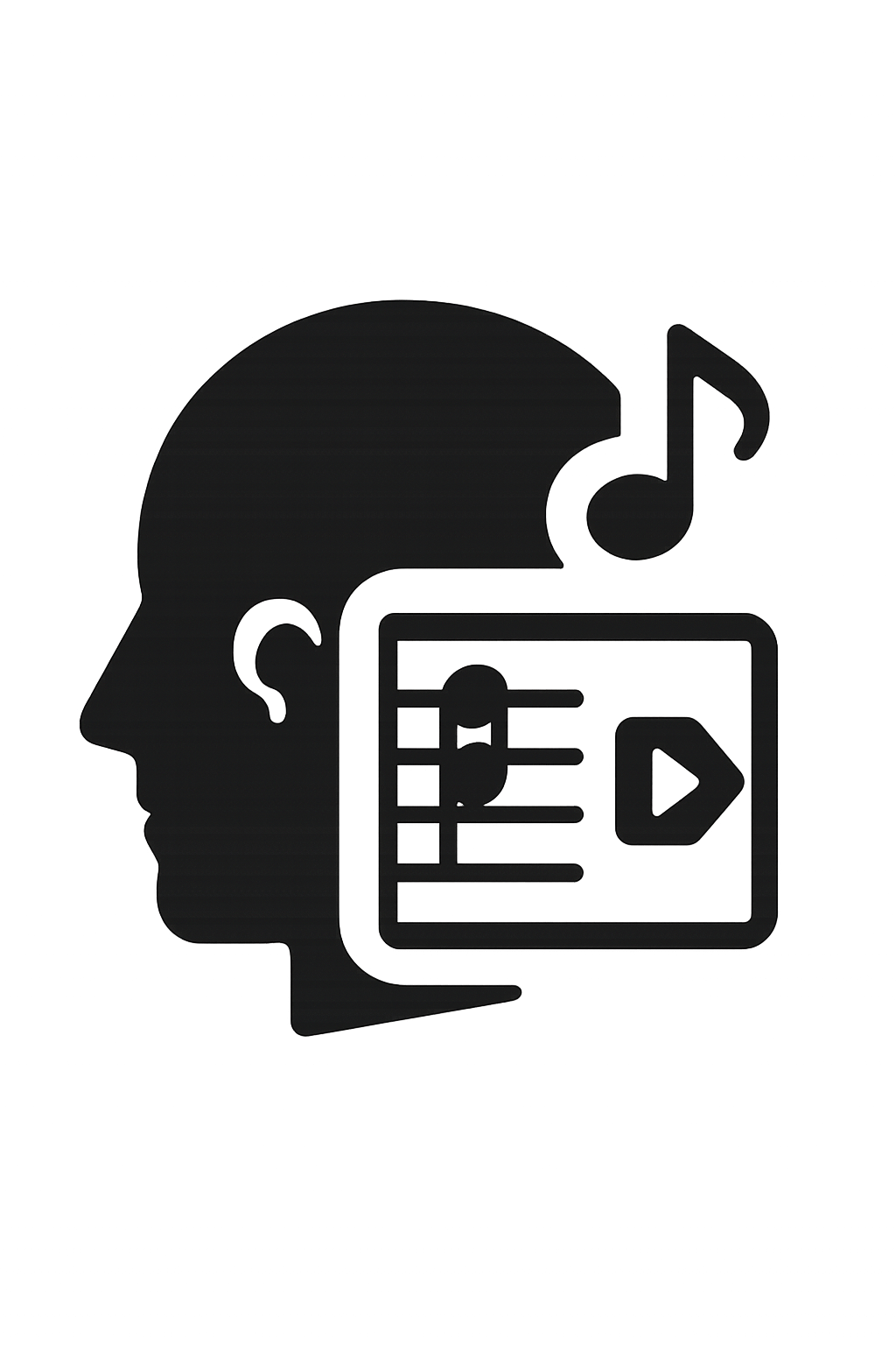 Silhouette of a human head with a music note, a video player with equalizer bars, and a play button, indicating music and video content.