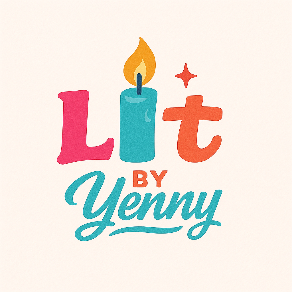 A colorful birthday greeting with the word "Lit" where the "i" is a candle with a flame, and the phrase "by Yenny" below in cursive.