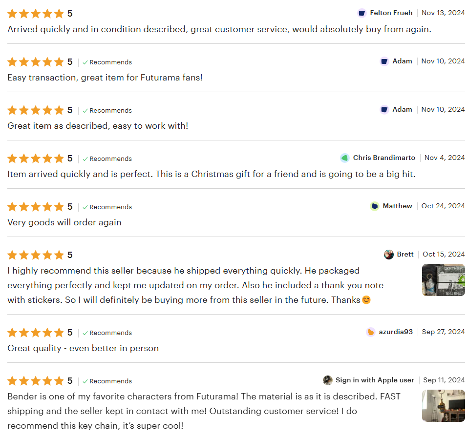 Screenshot of customer reviews and ratings for a product, with comments about fast shipping, quality, and recommendations.