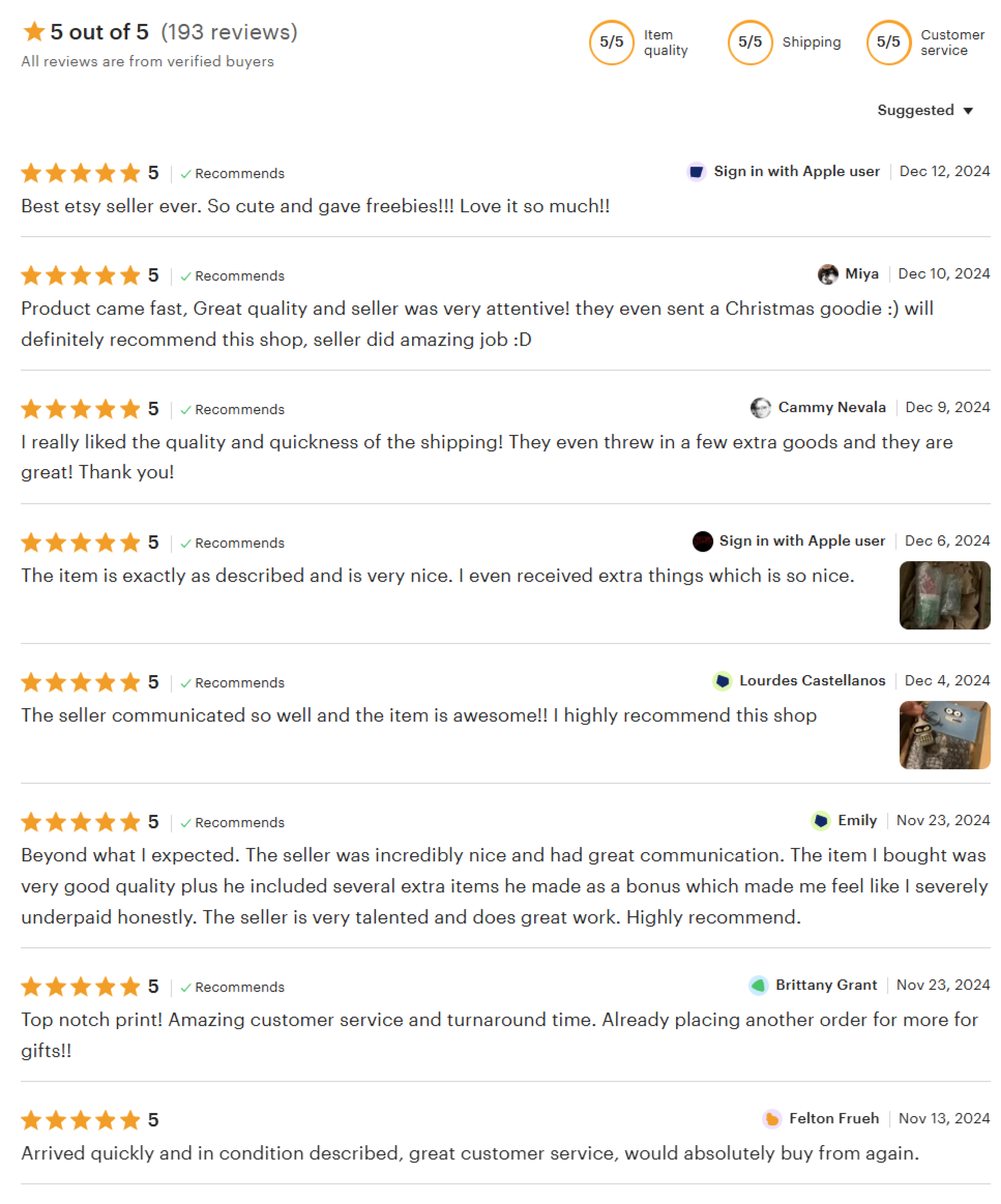 Screenshot of online reviews with five-star ratings, positive comments about product quality, customer service, fast shipping, and seller communication, dated from November to December 2024.