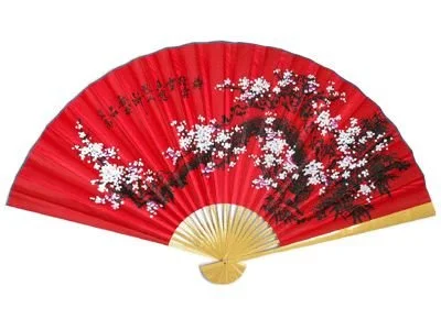 Red folding hand fan with black and white cherry blossom design