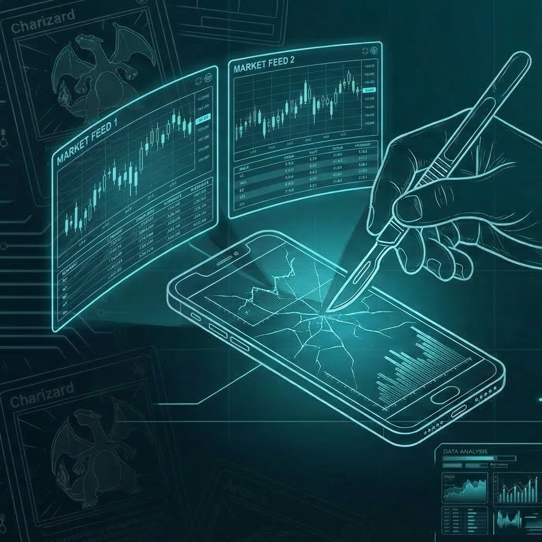 Digital illustration of a hand holding a stylus, interacting with a cracked smartphone screen, with stock market graphs and data projections displayed in holographic style.