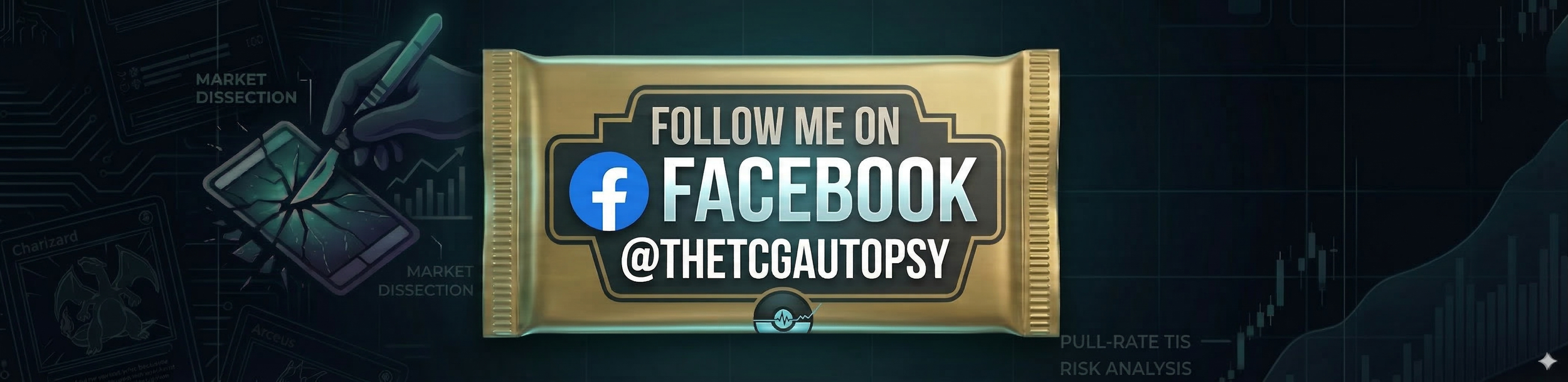 Gold wrapper with text inviting to follow on Facebook with handle @THETGGAUTOPSY, background includes financial and market analysis graphics, charts, and a smartphone with a cracked screen.