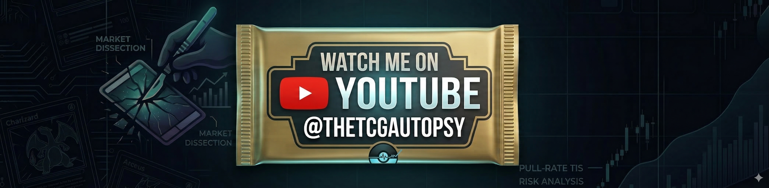 A gold-colored snack wrapper with a YouTube logo and the text "Watch me on YouTube @Thetcgautopsy" in bold letters, set against a dark background with financial charts and graphics.