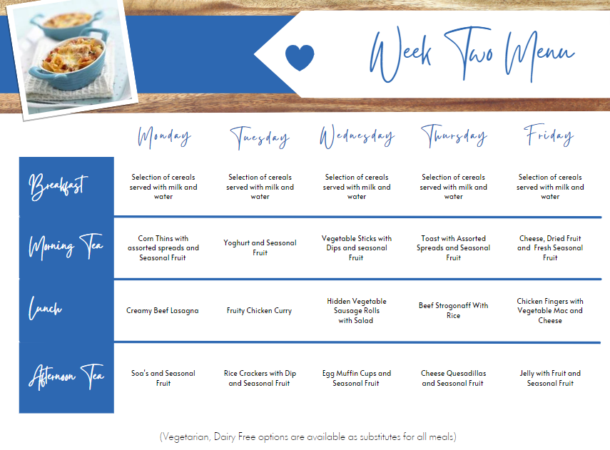 Menu for nutrition activities at Highfields Central Early Education Centre, promoting healthy eating and learning for children