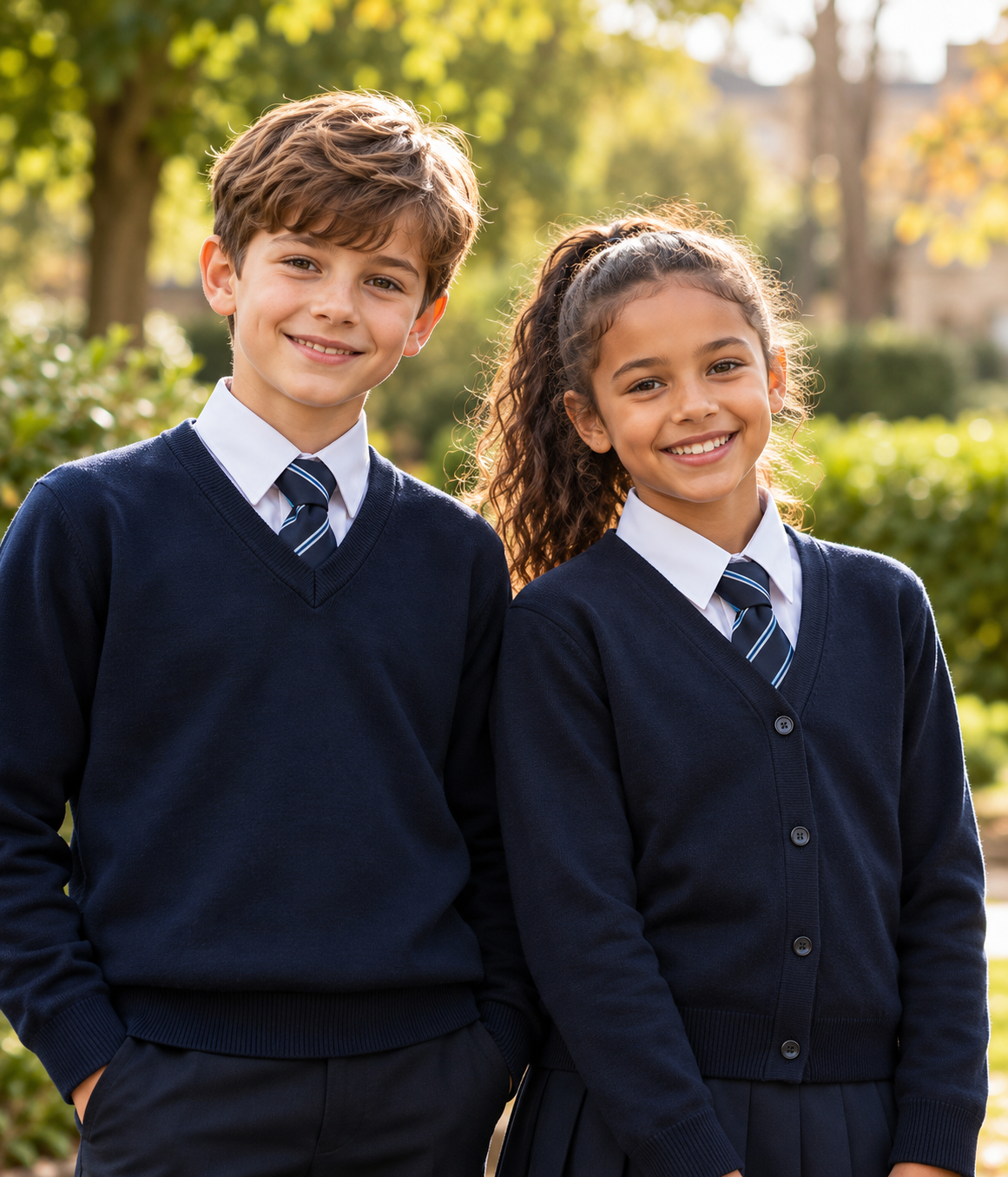 Two children wearing navy school uniforms outdoors
