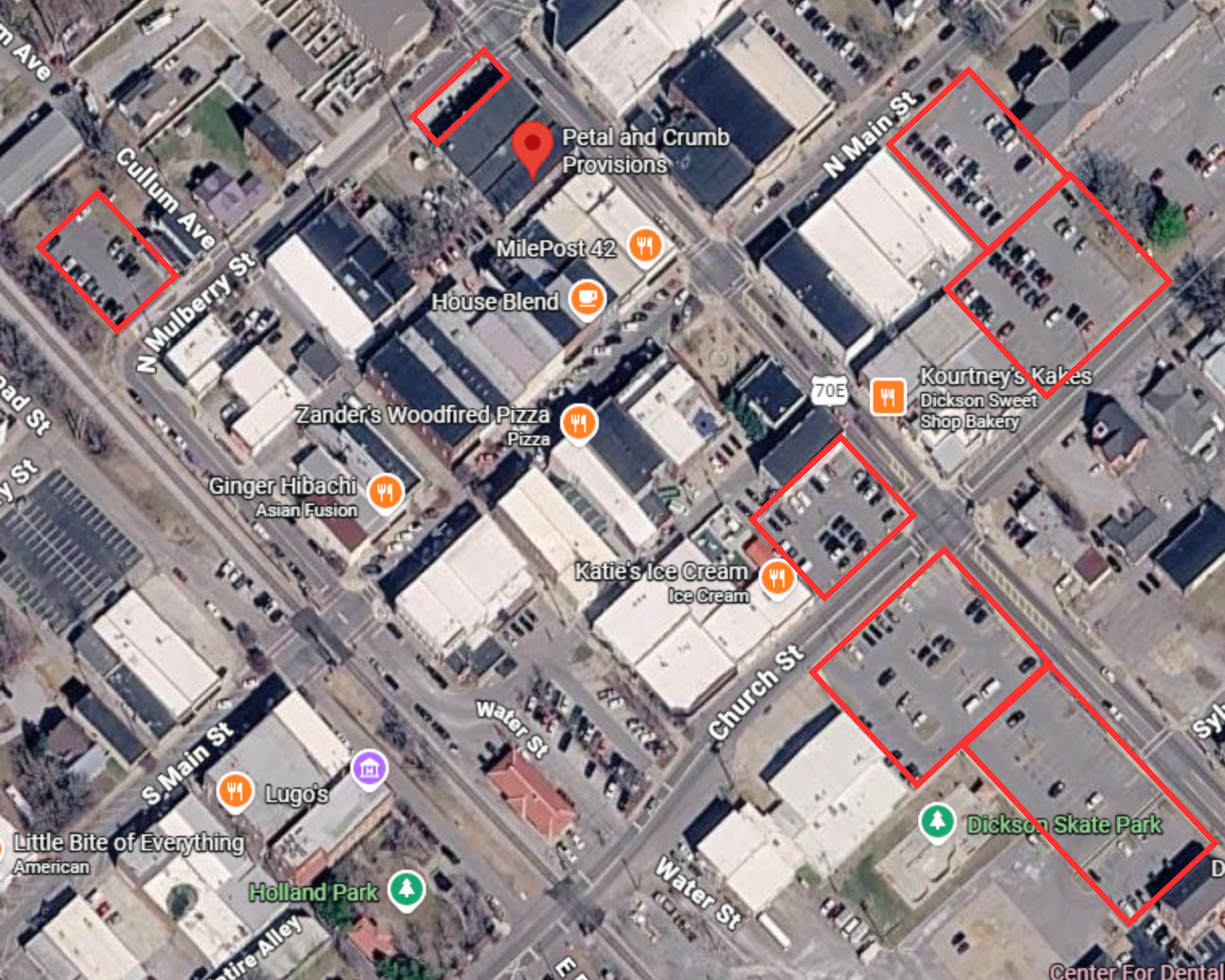 map depicting parking available for Petal and Crumb Provisions in downtown Dickson TN